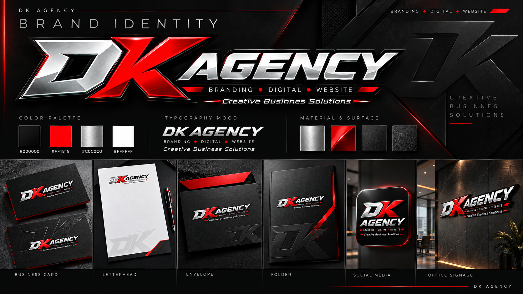 Mockup Brand Identity DK AGENCY: business card, letterhead, envelope, folder, social media, dan office signage